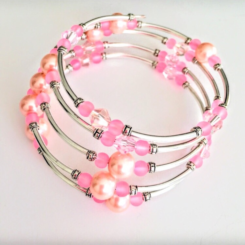 Pink crystal and pearl beaded memory wire bracelet